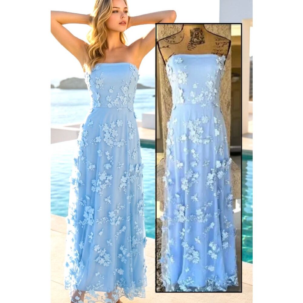 Lulus Strapless Powder Blue 3D Floral Embroidered Rare Presence Maxi Dres Size M